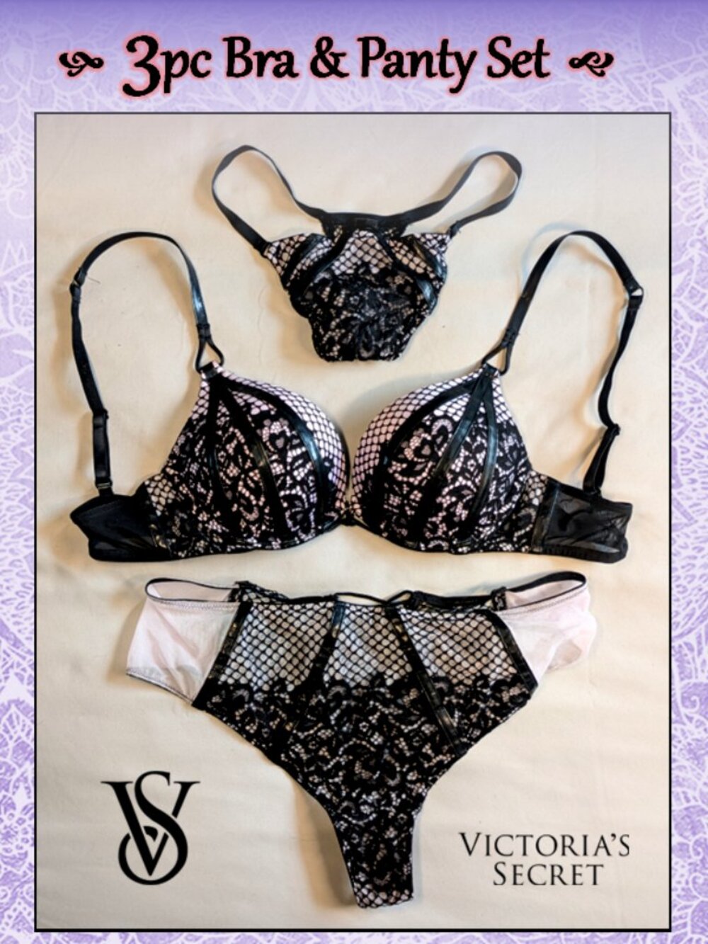 Sexy 3pc VS Lavender & Black Fishnet Lace Leather Bra & Panty